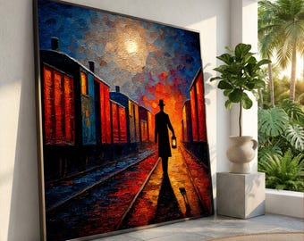 Evening Train Station Scene, Silhouette with Lantern Canvas, Sunset Urban Landscape Wall Art, Dramatic Lighting Decoration