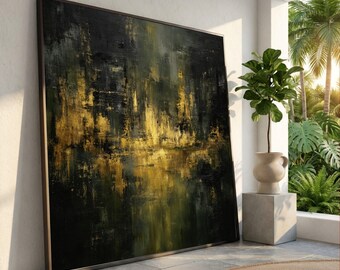 Golden Reflection Abstract Canvas, Dark Modern Wall Art, Metallic Accent Home Decor, Contemporary Canvas Luxury Room Decoration