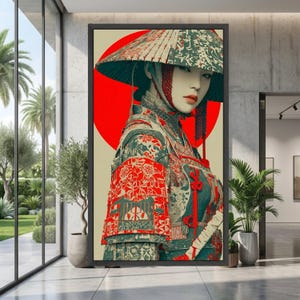 Elegant Samurai Woman Canvas, Japanese Armor Wall Art, Oriental Warrior Portrait, Traditional Armor Canvas, Red Circle Background Decoration image 1
