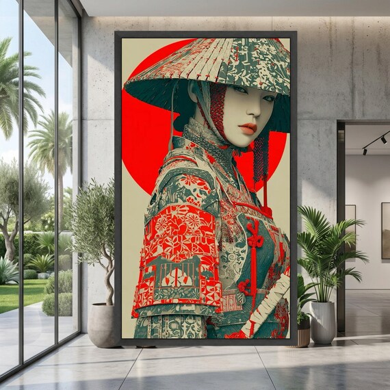 Elegant Samurai Woman Canvas, Japanese Armor Wall Art, Oriental Warrior Portrait, Traditional Armor Canvas, Red Circle Background Decoration