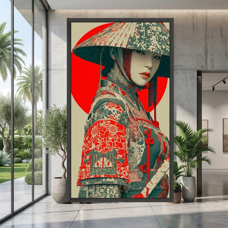 Elegant Samurai Woman Canvas, Japanese Armor Wall Art, Oriental Warrior Portrait, Traditional Armor Canvas, Red Circle Background Decoration image 1