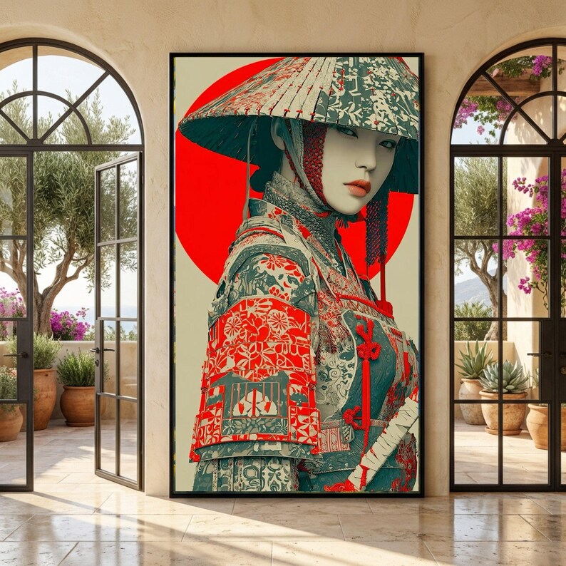 Elegant Samurai Woman Canvas, Japanese Armor Wall Art, Oriental Warrior Portrait, Traditional Armor Canvas, Red Circle Background Decoration image 6