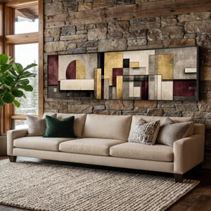 Modern Geometric Abstract, Gold and Burgundy Canvas, Minimalist Wall Art, Contemporary Home Decor, Architectural Design Canvas