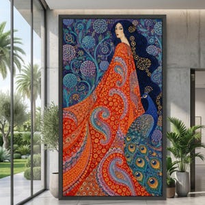Vittorio Zecchin Style Elegant Woman with Peacock Canvas Wall Art, Ornate Decorative Pattern, Art Nouveau Home Decor