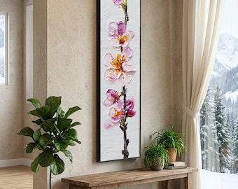 Long Narrow, Elegant Pink Blossom Canvas Wall Art, Floral Botanical Print, Vertical Flower Branch Decor, Modern Nature Artwork, Home Decorat