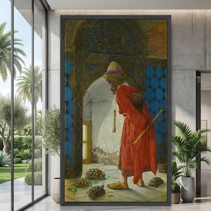 May include: A framed painting depicting a person wearing a red robe and a turban, standing in an arched doorway with blue tile patterns. The person holds a long wooden staff, while several tortoises crawl on the stone floor in the foreground.