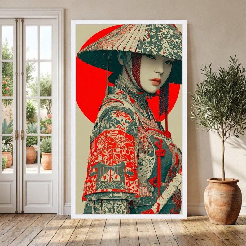 Elegant Samurai Woman Canvas, Japanese Armor Wall Art, Oriental Warrior Portrait, Traditional Armor Canvas, Red Circle Background Decoration image 9