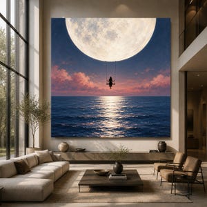 Dreamy Moon Swing Canvas, Evening Ocean View, Surreal Night Sky Art, Moonlight Reflection Wall Decor, Whimsical Bedroom Canvas