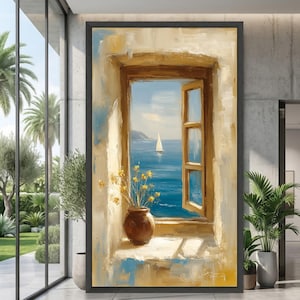 May include: A framed oil painting depicting an open window overlooking a blue sea with a white sailboat. A brown ceramic vase filled with yellow flowers sits on the windowsill. The wall surrounding the window is painted in textured beige tones.