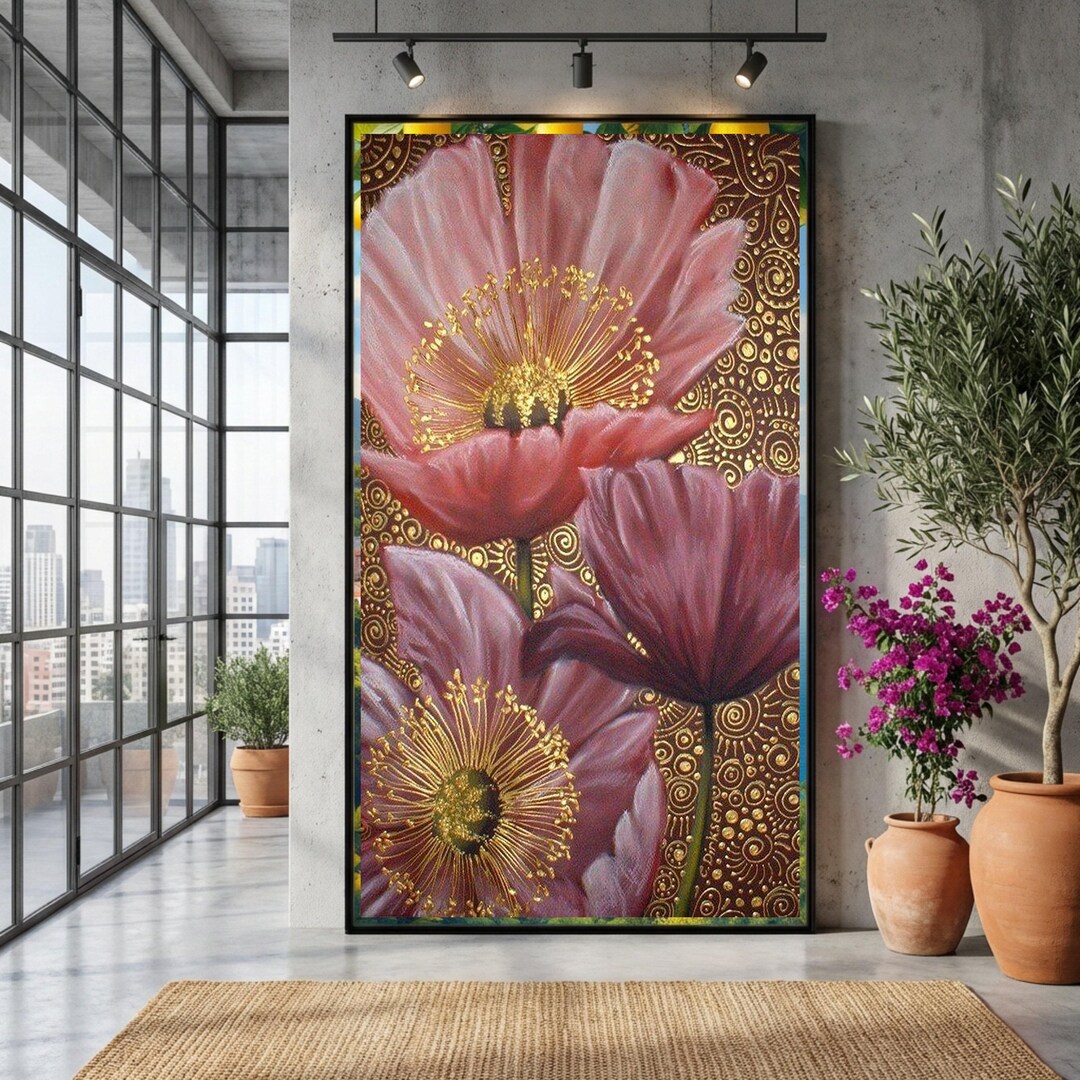Elegant Pink and Purple Poppies Canvas, Gold Detail Floral Wall Art ...