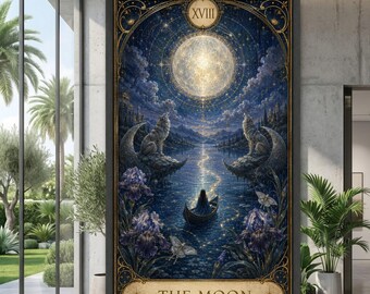 The Moon Tarot Canvas, Mystical Night Scene Wall Art, Fantasy Wolves Under Full Moon, Celestial Water Landscape Canvas, Spiritual Home Decor