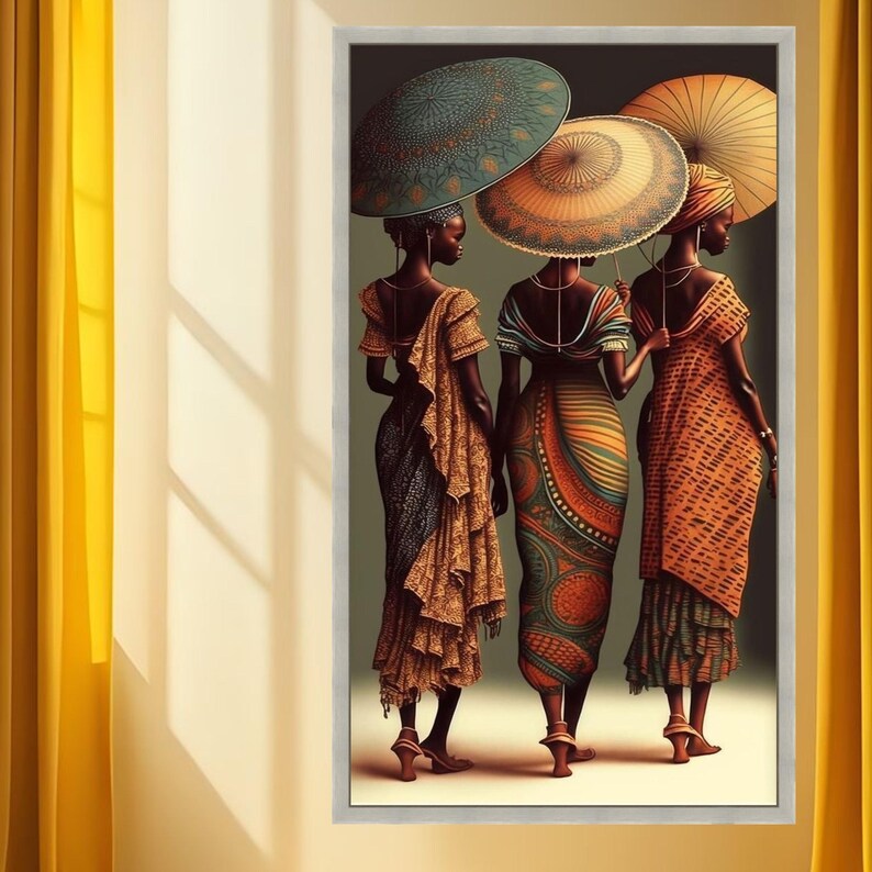 Elegant African Women with Umbrellas Canvas, Ethnic Fashion Art, Traditional Attire Wall Decor, Cultural Beauty Canvas, Vibrant Home image 9