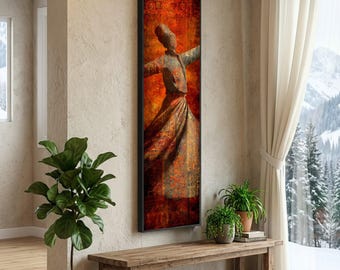 Long Narrow, Whirling Dervish Silhouette Canvas, Mystic Dance Wall Art, Sufi Spiritual Artwork, Ethnic Cultural Canvas, Warm Tones Home Deco