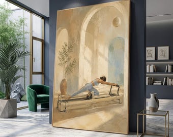 Elegant Pilates Reformer Session Canvas, Woman Exercising Art, Calming Home Gym Wall Decor, Wellness and Fitness Canvas Wall Art