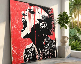 Bold Punk Rock Portrait Canvas, Rebellious Wall Art, Urban Street Style Decoration, Edgy Red Black Canvas, Alternative Music Artwork