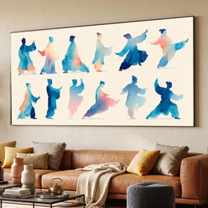 May include: A large rectangular wall art print featuring watercolor figures in various Tai Chi poses. The figures are depicted in shades of blue, pink, and peach against a cream background. The artwork is framed in black and hangs above a brown leather sofa.