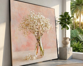 Baby's Breath Bouquet Canvas, White Floral Arrangement, Glass Vase Wall Art, Soft Pastel Home Decor, Elegant Flower Canvas Print