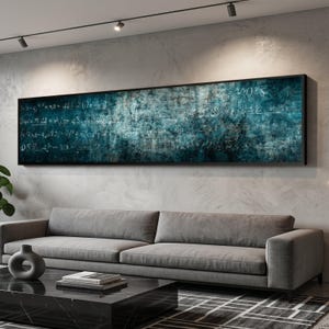 Può includere: Un'opera d'arte murale rettangolare e lunga con cornice nera. L'opera presenta uno sfondo strutturato verde acqua e grigio con equazioni matematiche bianche. È appesa sopra un divano grigio in un soggiorno moderno.