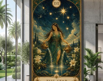 The Star Tarot Card Canvas, Mystical Woman Pouring Water, Astrology Wall Art, Celestial Night Sky Decor, Spiritual Canvas