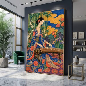 Vittorio Zecchin Style Oriental Lady Playing Guzheng Canvas Wall Art, Floral Patterned Kimono, Asian Music Instrument Elegant Home