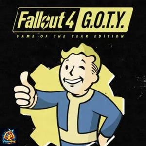Op de afbeelding: Fallout 4 G.O.T.Y. Game of the Year Edition afbeelding. De afbeelding toont het Fallout-personage dat knipoogt en een duim omhoog geeft. De achtergrond is zwart met een gele ster achter het personage. De tekst is geel en wit.