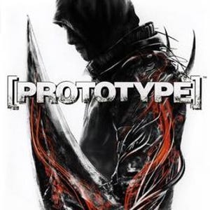 Puede incluir: La imagen presenta el título del videojuego "Prototype" en letras blancas y en negrita. Se ve una figura con una chaqueta con capucha negra de perfil, con un arma grande en forma de cuchilla que se extiende desde su brazo. Rayas rojas y anaranjadas similares a energía emanan del arma y del brazo de la figura.