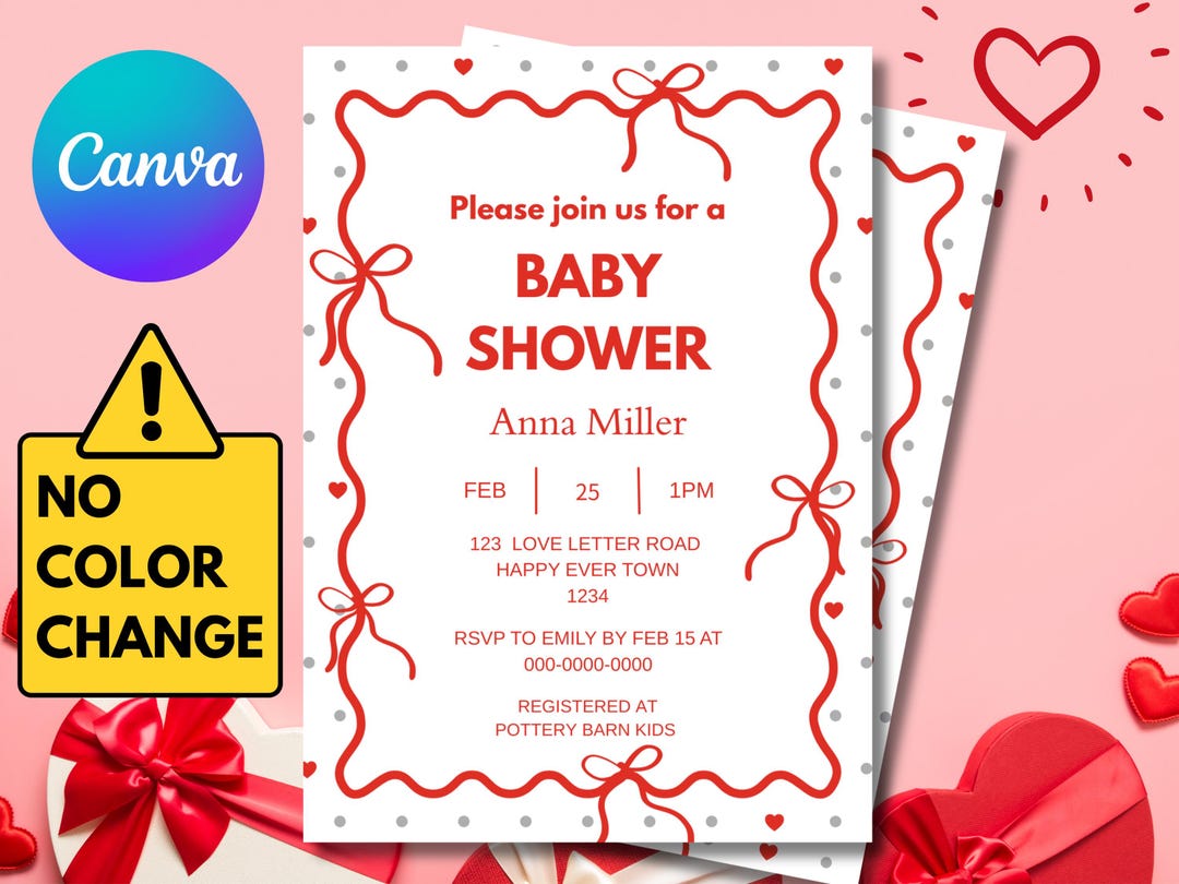 Red Ribbon Baby Shower Invitation Template | Canva Editable (digital ...