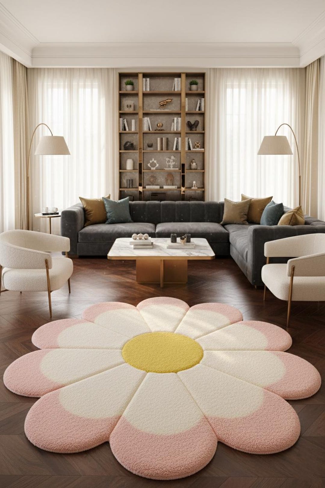 Blush Daisy Flower Rug – Hand Tufted Wool Pink & Cream Floral Area Rug ...