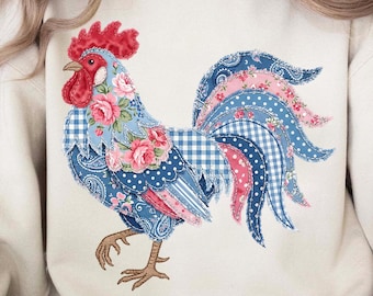 Rooster Easter Faux Patchwork PNG, Farmhouse Rooster PNG, Floral Patchwork Chicken Faux PNG, Country Kitchen Decor, Rustic Chicken Clipart