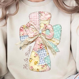 He Is Risen Easter PNG, Christian Easter Cross Design, Faith Quote Artwork PNG, Vintage Patchwork Cross Art, Religious Decor PNG