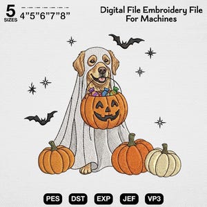 Ghost Dog Halloween Embroidery Design, Golden Retriever Ghost Pumpkin Embroidery, Cute Spooky Dog Trick or Treat Fall Gift