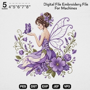Purple Fairy Embroidery Design, Floral Fairy Girl, Butterfly Fairy Embroidery, Fantasy Garden Fairy, Whimsical Flower Fairy