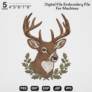 May include: Digital embroidery file for machines featuring a detailed deer head with large antlers, surrounded by a wreath of leaves and acorns. The design is available in 5 sizes: 4", 5", 6", 7", and 8". File formats include PES, DST, EXP, JEF, and VP3.