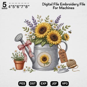 May include: A digital embroidery file for machines featuring a silver watering can filled with sunflowers, lavender, and daisies. A red gingham bow, a tag reading "GROW with LOVE", a small potted plant, a trowel, and twine are included.