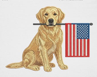 May include: Digital embroidery file featuring a golden retriever holding an American flag. The design includes the text "Digital File Embroidery File For Machines" and size options from 4" to 8". File formats include PES, DST, EXP, JEF, and VP3.