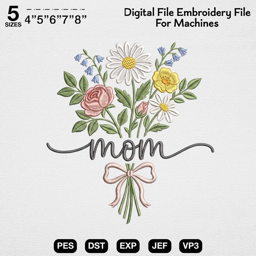 Mom Embroidered Frame Mom Embroidery Design, Mother Day Floral Bouquet Embroidery File, Cute ...
