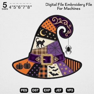 Patchwork Witch Hat Embroidery Design, Halloween Witch Hat Embroidery File, Spooky Patchwork Machine Embroidery, Fall Decor