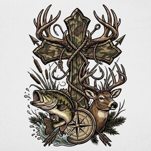 May include: A detailed illustration featuring a camouflage cross intertwined with rope and deer antlers. A leaping fish, deer head, and compass are also depicted, along with fishing hooks and arrows. The design has a hunting and religious theme.