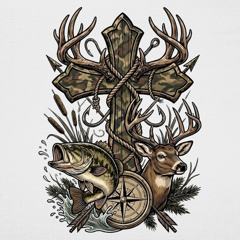 May include: A detailed illustration featuring a camouflage cross intertwined with rope and deer antlers. A leaping fish, deer head, and compass are also depicted, along with fishing hooks and arrows. The design has a hunting and religious theme.