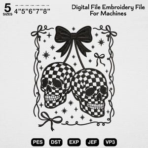 Checkered Skull Embroidery, Goth Coquette Design, Spooky Cute Bow File, Y2K Emo Machine Embroidery, Edgy Cherry Skull Pattern