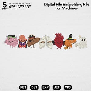 Puede incluir: Un archivo de bordado digital para máquinas con siete órganos humanos de dibujos animados disfrazados de Halloween, incluyendo un cerebro, vampiro, pirata, pulmones momificados, corazón, bruja y fantasma. Texto 5 SIZES 4"5"6"7"8" Digital File.