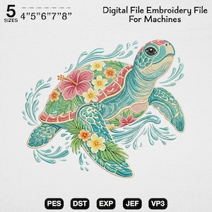 Op de afbeelding: Digitaal borduurpatroon met een zeeschildpad, versierd met bloemen en waterspetters. Beschikbaar in 5 maten, van 10.16 cm tot 20.32 cm. Bestandsformaten: PES, DST, EXP, JEF, VP3. De tekst luidt: Digitaal Bestand Borduur Bestand Voor Machines.