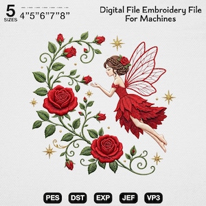 Könnte beinhalten: Digitales Stickmuster für Maschinen. Es zeigt eine Fee in einem roten Kleid mit roten Flügeln, umgeben von roten Rosen und grünen Ranken. Der Text lautet "Digital File Embroidery File For Machines" und die Größen 10.16cm, 12.7cm, 15.24cm, 17.78cm und 20.32cm.