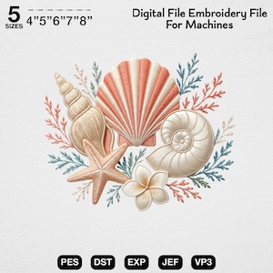 Puede incluir: Un archivo de bordado digital para máquinas con una colección de conchas marinas, una estrella de mar y una flor rodeadas de ramitas de coral. El texto dice 5 SIZES 4" 5" 6" 7" 8" Digital File Embroidery File For Machines PES DST EXP JEF VP3.