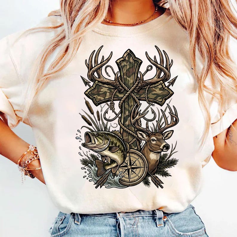 May include: Cream-colored t-shirt featuring a detailed graphic. The design includes a cross with deer antlers, a compass, a deer head, a fish, and fishing hooks. The cross has a camouflage pattern, and the overall theme is hunting and outdoors.