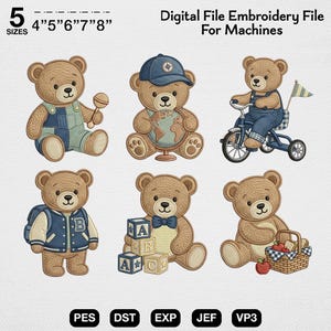 May include: A digital embroidery file for machines featuring six brown teddy bears in various activities: holding a rattle, wearing a cap with a globe, riding a tricycle, wearing a varsity jacket, playing with alphabet blocks, and sitting with a picnic basket.