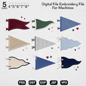 Puede incluir: Un archivo de bordado digital para máquinas con nueve diseños de banderines en varias formas y colores, incluyendo granate, verde, azul, beige y patrones a rayas. El texto 5 SIZES 4" 5" 6" 7" 8" y Digital File Embroidery File For Machines es visible.