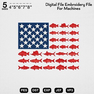 Broderidesign för amerikansk flagga med fiske, broderifil för USA:s fiskflagga, patriotiskt fiskebroderimönster för sportfiskare