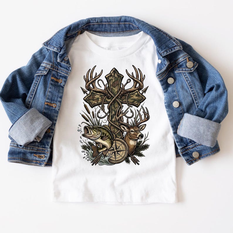 May include: White t-shirt featuring a cross design with deer antlers, a compass, a fish, and a deer. The cross is decorated with a camouflage pattern and rope. The shirt is paired with a blue denim jacket.