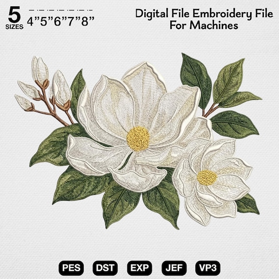 Magnolia Embroidery Design, White Flower Embroidery File, Southern Floral Embroidery, Elegant Magnolia Design, Wedding Decor Embroidery